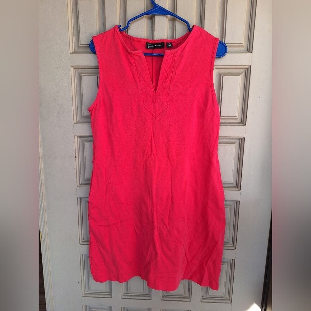 NY&Co Dress SzM Red Orange Short Sleeveless V Neck SemiFitted CottonSpandex Cute